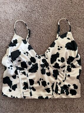 Cow-Print Satin Bustier Crop Top - Black & White